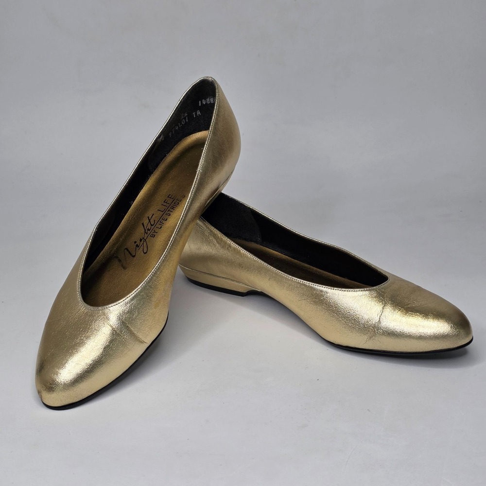 Night Life By Life Stride Loafers Women's Size 6 Gold Leather Flat Slip On Shoes